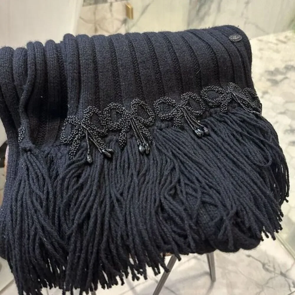 Chanel Vintage 86” Cashmere Knit Scarf Black Fringe Beaded Embellished Wrap RARE
